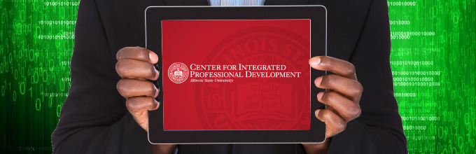 Man holding tablet with Center logo on display