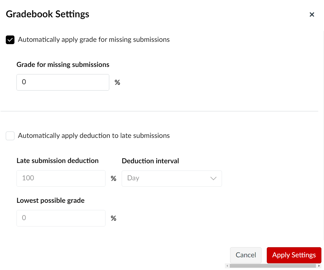 Gradebook settings window